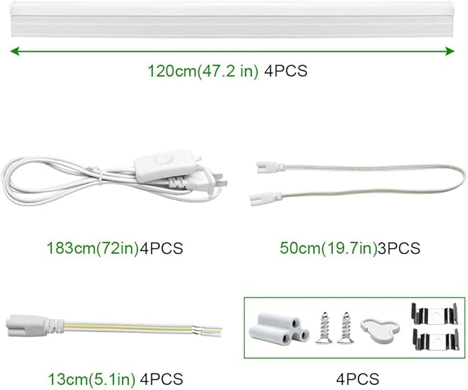 LightingWill T5 Integrated Fixture 4FT, Daylight White 6000-6500K, 20W, Linkable LED Shop Light, LED Ceiling and Under Cabinet Light,Corded Electric with Built-in ON/Off Switch, 4 Pack
