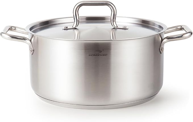 HOMICHEF Braiser Pan 8 Quart with Lid Nickel Free Stainless Steel - Matte Polished Braiser with Stainless Steel Lid - Heavy Weight Braising Pan Non Toxic Induction
