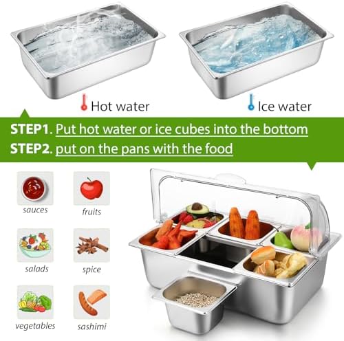 Ziliny 6 Pan Cold Food Buffet Server with Lid Salad Bar Station, Silver - Image 4