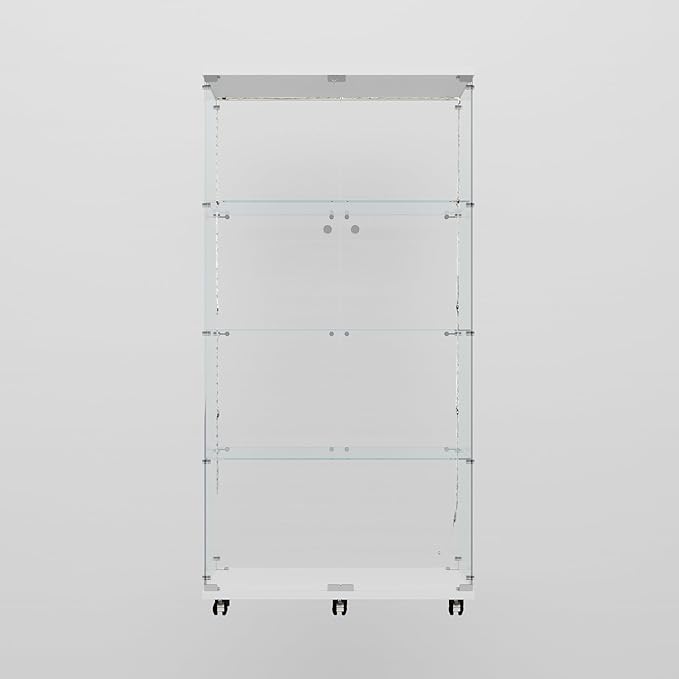 Glass Display Cabinet with LED Light Strip, 4 Shelves with 2 Doors, Curio Storage Cabinets with Lock & Caster for Living Room, Office, Floor Standing Glass Bookshelf, Quick Installation - White