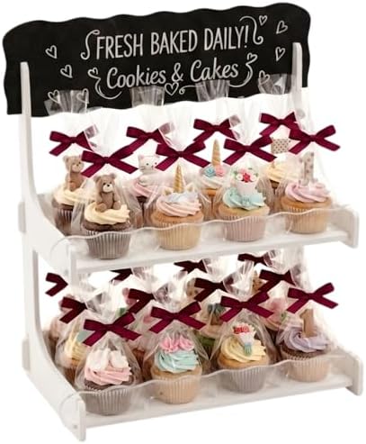 HOTCAN Cookie Display Stand for Bakers & Vendors with Acrylic Front | Wooden Dessert Stand with Chalkboard Sign for Market Booths, Craft Fairs & Events | 2 Tiered Cookie Display for Cupcakes, Muffins & Pastries (White) by HOTCAN