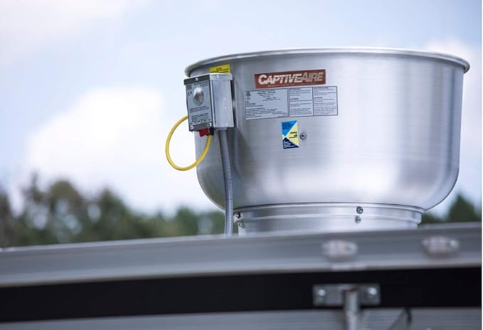 Food Truck Low Profile Exhaust Hood System Includes a stainless steel exhaust hood, an exhaust fan, an adjustable duct section, and installation hardware (4' Long Hood & Fan)