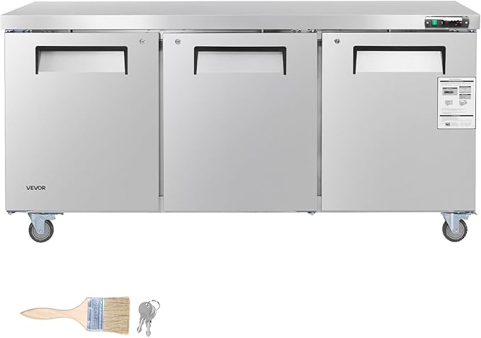 VEVOR 72" W Commercial Freezer, 17.7 Cu.Ft Worktop Freezers Undercounter with LED Auto Lighting and Lockable Door, 3 Doors Food Freezing Prep Worktable, Stainless Steel Prep Frozen Table with Casters