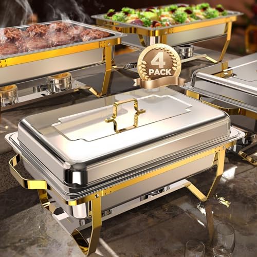 Chafing Dishes for Buffet 4 Pack, 9QT [Elegant Gold and Silver Colors] Food Warmers for Parties Buffet [Sturdy and High Grade] Chafing Dish Buffet Set for Any Party with Complete Set by ZILODE