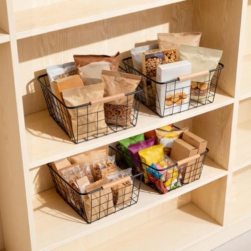 Wire Basket 4 Pcs Metal Wire Storage Basket with Wooden Handles for Pantry - Image 2