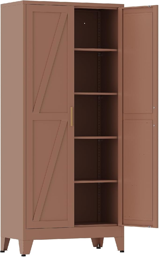 COFaR 71'' Tall Metal Pantry Cabinet, Kitchen Storage Cabinet with Doors and Shelves, Freestanding Farmhouse Food Cupboard for Kitchen Dinning Room Garage, Brown 5-Tier