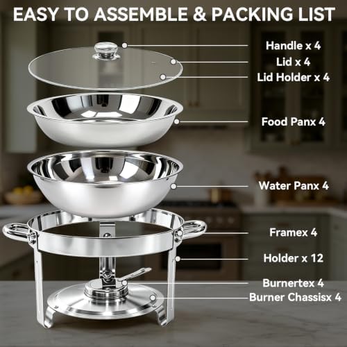 4-Pack 6QT Chafing Dishes for Buffet, 304 Stainless Steel Chafing Dish Buffet Set with Glass Lids & Lid Holders – Food Warmers for Parties, Weddings, Birthdays & Catering,Silver - Image 3