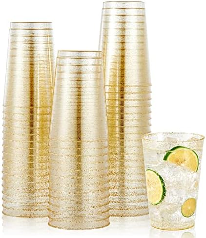 JOLLY CHEF 100 Pack 12 oz Gold Plastic Cups, Disposable Gold Glitter Cups by JOLLYCHEF