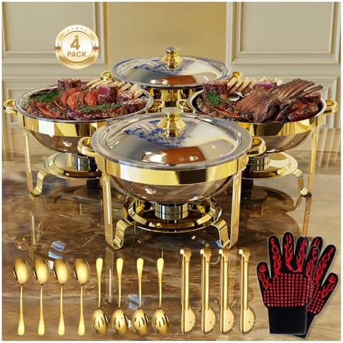 Gold Chafing Dishes for Buffet 4 Pack, 6QT Buffet Servers and Warmers Sets by GRANVELL