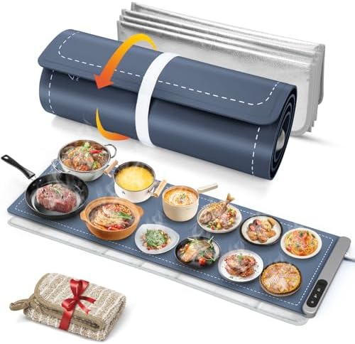 FYY Extra Long Warming Mat for Food with Heat Resistant Pad, Prevent Countertop Cracks, Keep Meal Warm, Rapid and Full Surface Heating, 6 Temp Settings, 6H Timer, Rollable Portable Food Warmer, Navy by FYY
