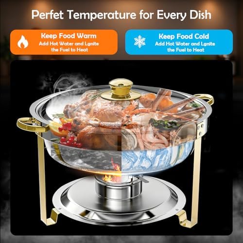 ALSO GO Round Chafing Dishes for Buffet with Serving Tongs, 7QT Chafing Dishes Buffet Set, Golden Stainless Steel Catering Food Warmer for for Party, Gathering, Banquet, Wedding - Image 2
