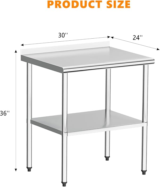 ROVSUN 30'' x 24'' Stainless Steel Table for Prep & Work,Commercial Worktables & Workstations, NSF Heavy Dut Metal Table with Adjustable UnderShelf & Backsplash for Kitchen, Restaurant,Home,Hotel