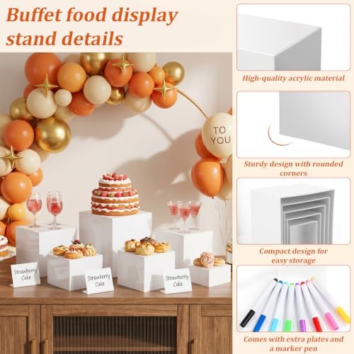6 PCS White Acrylic Buffet Risers with 6 Signs and 8 Markers, Buffet Risers and Stands Nesting Cube Boxes with Hollow Bottoms, Food Display Stands for Party Catering Dessert Jewelry, 8"7"6"5"4"4" - Image 4