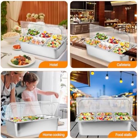 Countertop Food Serving Display Container with Clear Lid, Stainless Steel Serving Tray Catering Supplies Buffet Display Condiment Container for Restaurant Hotel Kitchen (6 Pan) - Image 5