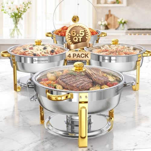 6.5QT Chafing Dishes for Buffet, 4 Pack Round Gold Buffet Display Set by Warmounts