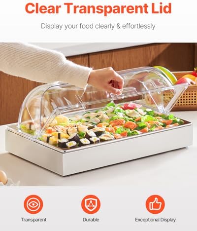 VEVOR Countertop Food Serving Display Container, 1 x 1 Pan Stainless Steel Food Serving Tray, Buffet Condiment Dispenser Display Rack with Clear Lid & 3 Ice Trays, for Restaurant Hotel Kitchen Party - Image 3