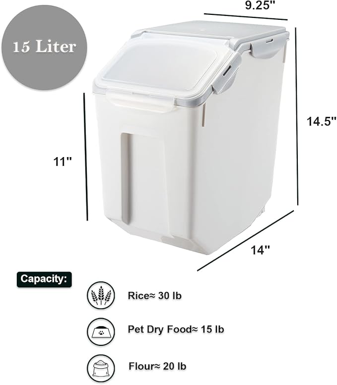 HANAMYA 15 Liter / 30 lbs Rice Storage Container with Measuring Cup, BPA free, For Rice | Grain | Pet Food | Flour, 1 count, White & Gray