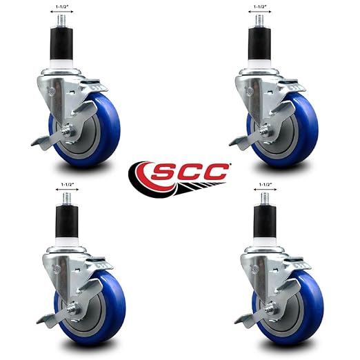 Service Caster Brand Replacement Set for Uline Casters - Swivel 1-1/2 Inch Expanding Stem Casters with 4 Inch Blue Polyurethane Wheel-Includes 4 Swivel Casters and Brakes - Fits Uline Worktable H-5746