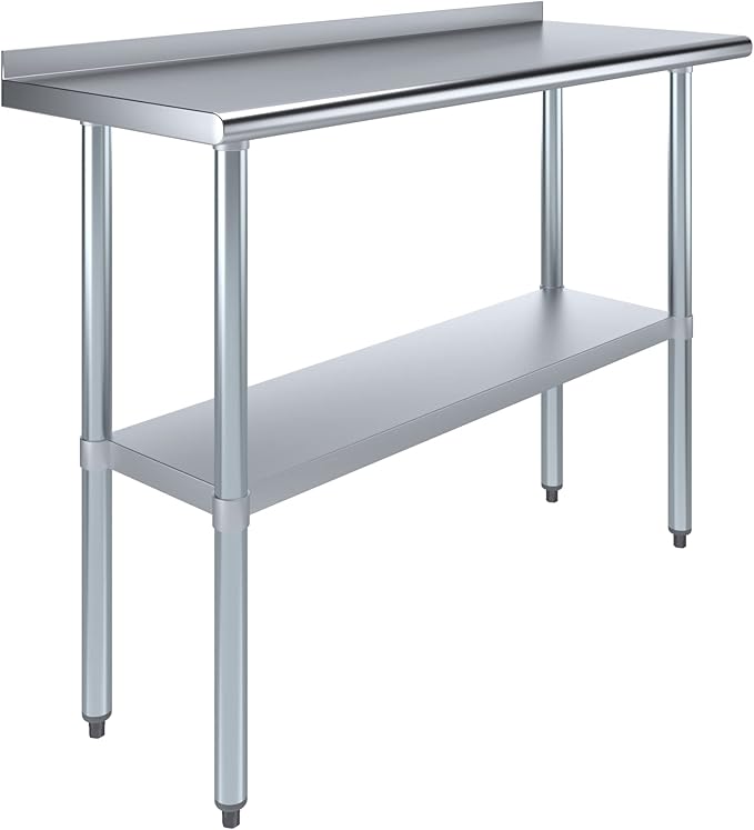 AmGood 48" Long x 18" Deep Stainless Steel Work Table with 1.5" Backsplash | Metal Kitchen Food Prep Table | NSF