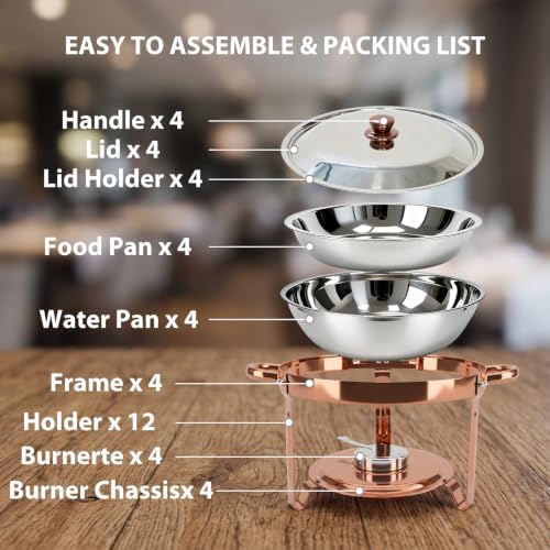 4-Pack Rose Gold Chafing Dishes for Buffet – 6QT 304 Stainless Steel Complete Food Warmer Set with Lids, Water Pans & Fuel Holders, Ideal for Weddings, Parties & Events - Image 3