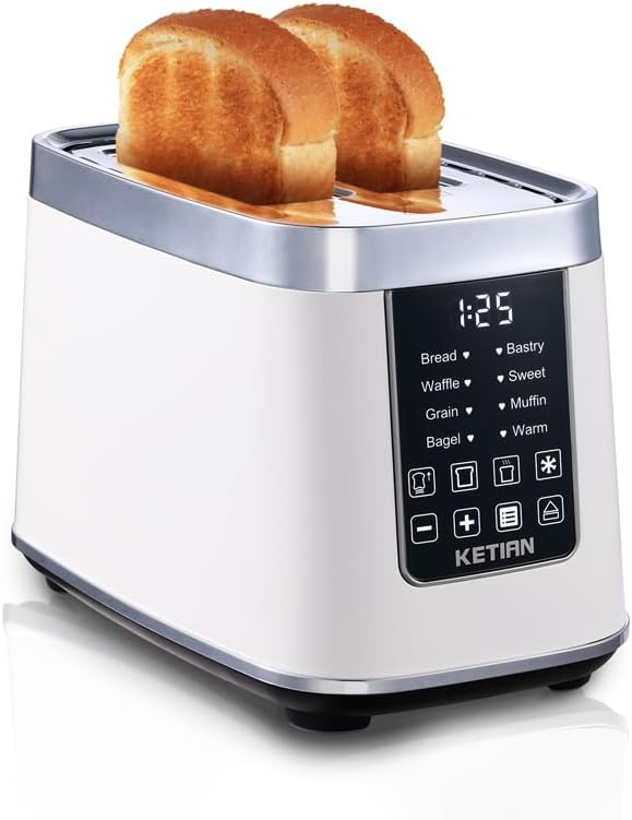 Smart Touch Screen Toaster 2 Slice, KETIAN Automatic Digital Stainless Steel Toaster,7 Bread Types,Single Slot Tech,7 Browning Settings,Removable Crumb Tray,1400W (White)