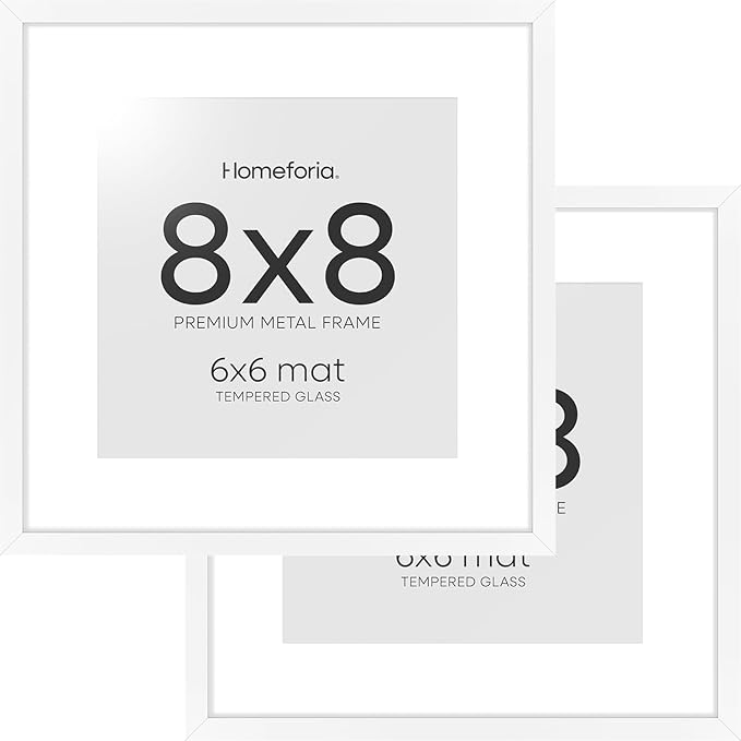 Homeforia 8x8 White Picture Frame, High End Metal 8 x 8 Square Photo Frames with Mat 6 by 6, 8x8 Poster Frame Matted to 6x6 inch Print, 8by8 Wall or Tabletop Frames, Tempered Glass, Wall Kit, Set of 2