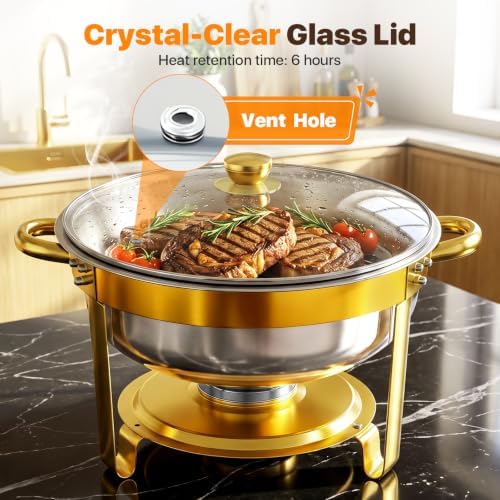 ALSO GO Chafing Dish for Buffet, 7QT 4 Pack Gold Round Chafing Dish Set with Glass Lid, Stainless Steel Serving Tray, Water Pan, Stand, Fuel Holder, Food Warmer for Party, Gathering, Banquet, Wedding - Image 3
