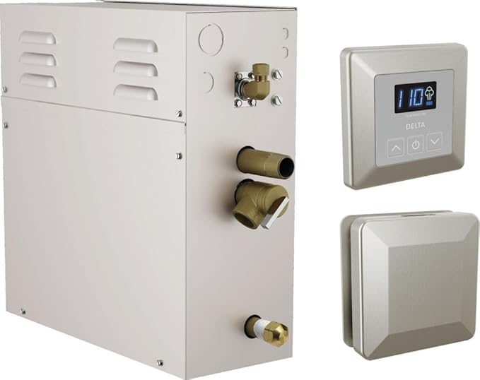 Delta Faucet SimpleSteam 7.5kW Steam System Kit Brushed Nickel, Includes 7.5kW Steam System Generator, Square Digital System Control, Square Steam Head, Lumicoat Stainless 5P-EST07-SS-PR