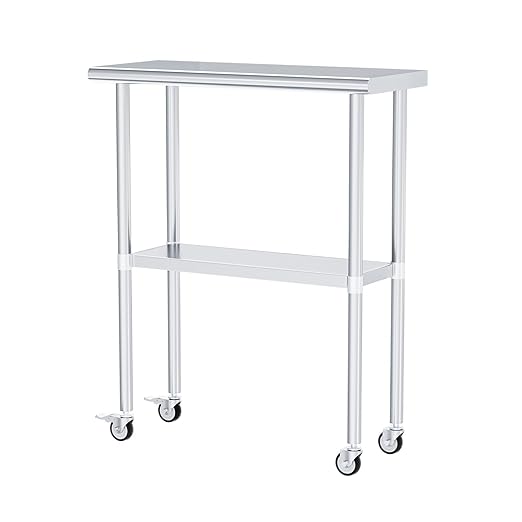 Stainless Steel Table with Wheels 14 x 30 Inches Metal Prep Table with Adjustable Undershelf & Casters for Commercial Kitchen, Outdoor, Restaurant, Hotel & Garage