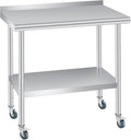 Stainless Steel Prep Table, 30 x 24 inches, with Backsplash, Adjustable Undershelf & 4 Wheels, Commercial Heavy Duty Table with Adjustable Under Shelf for Outdoor Use,Restaurants,Hotels,Works