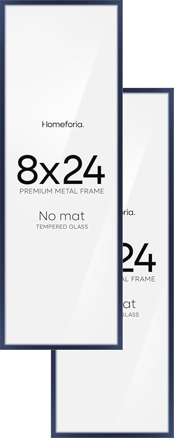Homeforia 8x24 Panoramic Frame Navy Blue, High End Metal 8 x 24 Picture Frames without Mat, 24x8 Hanging Navy Blue Poster Frames for Wall, 8by24 Display Photo Frame, Tempered Glass, Wall Kit, Set of 2
