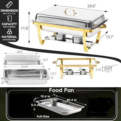 9Qt Chafing Dishes for Buffet, Gold Stainless Steel Chafing Dish Sets, Food Warmers for Parties, Buffet Servers and Warmers, Warming Trays for Buffets Party, Catering Supplies Buffet Display, 4 Pack - Image 2