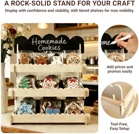 Cookie Display Stand for Vendors - Snack Organizer Countertop with Chalkboard, Tool-Free Easy Assembly, Natural Finish, Perfect for Bakeries, Markets, Events & Small Shops (Beige) - Image 4