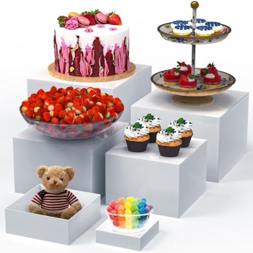 6 PCS Buffet Risers, Food Risers for Buffet Table, Display Stand Shelf for Party, Catering, Jewelry & Collectibles, White Acrylic Nesting Boxes for Food Display (8" 7" 6" 5" 4" 3") by Unknown