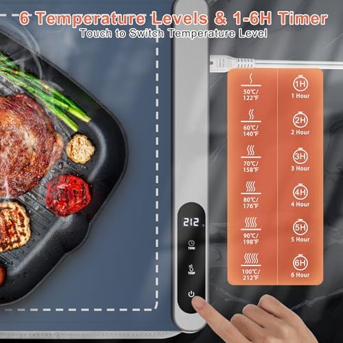 FYY Warming Mat for Food with Heat Resistant Pad, Prevent Countertop Cracks, Keep Meal Warm, Rapid and Full Surface Heating, 6 Temp Settings, 6H Timer, Upgraded Rollable Portable Food Warmer Mat Blue - Image 4