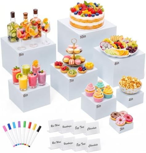 8 Pcs White Buffet Risers with Mini Sign and Marker, Food Risers Display Stands for Buffet Table Party Catering Dessert Jewelry Collectibles,Cube Nesting Boxes with Hollow Bottoms 8 Sizes (10" 9" 8" 7" 6" 5" 4" 3") by URLINE