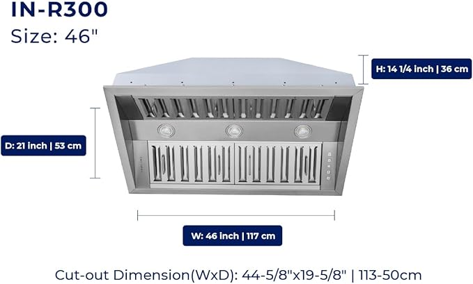 Hauslane Range Hood Insert 46 Inch Pro-Style - Stainless Steel Built-In Vent with 800 CFM Suction, Quiet Operation, LED Lights, 3-Speed Fan, 21" Deep, Ducted/Ductless Convertible for Insert Mount