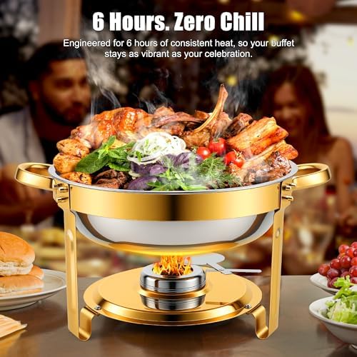 Chafing Dishes Buffet Food Warmer - Parties Servers Trays Catering Dish Warming Display Set - Chafers Keep Warm Serving Tray Round Heating Kit with Burners 4 Set Gold - Image 4