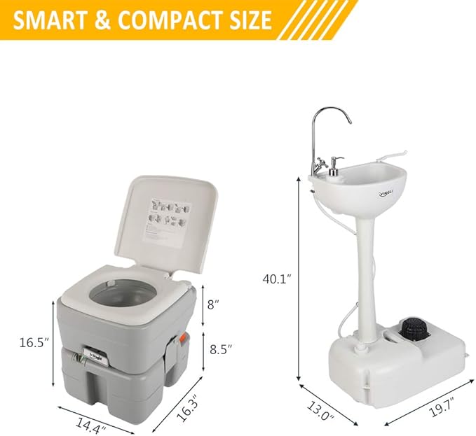 VINGLI Portable Sink and Toilet Combo| Self-contained 5 Gal Hand Washing Station and 5.3 Gal Flushing Toilet, Perfect for Camping/RV/Boat/Road Tripper/Camper