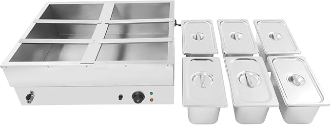 6-Pan Commercial Food Warmer, 1500W Stainless Steel Electric Buffet Warmer with Lid & Drain Valve, Countertop Steam Table Bain Marie for Parties, Catering, Restaurants & Buffet Serving