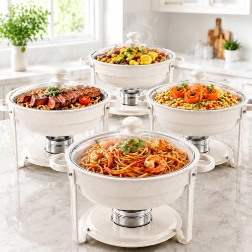 6QT White Chafing Dishes for Buffet, 4-Pack Round Chafers Sets by Camiku
