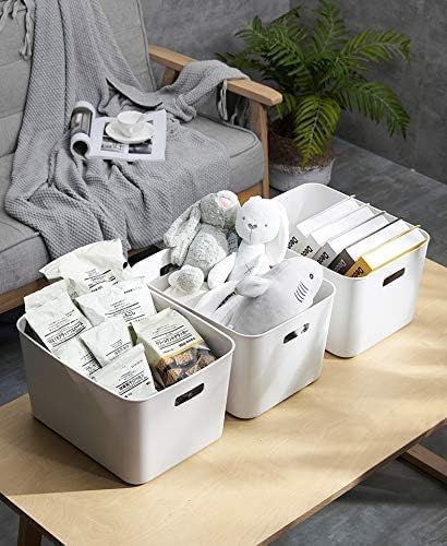 Set of 4 Plastic Storage Bin,“13.4x10.2x8'' Versatile Kitchen Pantry Organization and Storage,for Plastic Storage Container Under Bed,Under Sink Bathroom Organizer (White,4 Pack Large