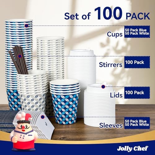 JOLLY CHEF 100 Pack 10 oz Paper Coffee Cups with Lids - Image 4