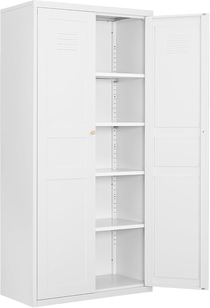 Metal Storage Cabinet-71” Tall Steel File Cabinets with Doors and 5 Adjustable Shelves-White Steel Storage Cabinet for Home,Kitchen, School, Office, Garage