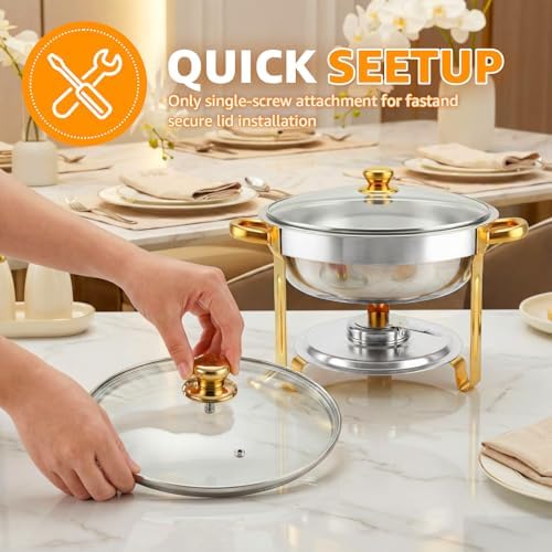 Chafing Dishes for Buffet，2PACK 4.5QT Round Chafing Dishes for Buffet, Gold and Silver Stainless Steel Chafing Dish Buffet Set with Glass Lid and Lid Holder for Home Parties,Wedding,Church Events - Image 2
