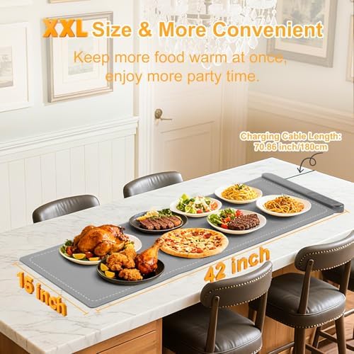 Food Warming Mat Large, XXL (42"x15") Electric Food Warmers Mat with Heat Resistant Pad for Countertop, Heat 6 Level Temperature & 6 Hours Timer, Foldable Heating Trays for Buffets Party, Gray - Image 3