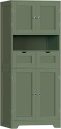 TEENFON 57.8" H Tall Bathroom Storage Cabinet with 2 Drawers & 2 Adjustable Shelves, Floor Cabinet with 4 Doors, Tall Cabinet for Living Room, Dining Room, Entryway, Forest Green
