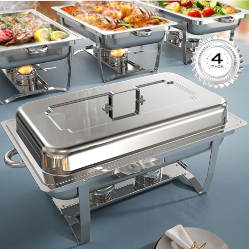 Chafing Dishes for Buffet 4 Pack, [Ultrasonic Mirror Polishing] Chafing Dish Buffet Set 9QT, [Rolled Edge Finger Protection] Buffet Servers and Warmers for Any Party, Wedding, Birthday and Hotel by VisittheTatakoii