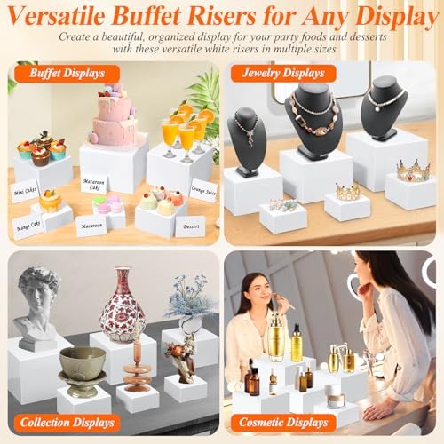 10 Pcs White Acrylic Buffet Risers with Mini Sign and Marker, Food Display Stands for Buffet Table Party Catering Dessert Jewelry Collectibles, Acrylic Cube Nesting Boxes with Hollow Bottoms 8 Sizes (10" 9" 8" 7" 6" 5" 4" 4" 3" 3") - Image 4