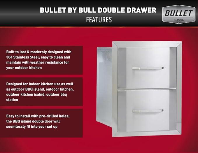 Bullet by Bull Stainless Steel Outdoor Kitchen Grill Set - Built-In Natural Gas -BBQ Kitchen Island Bundle - Includes 5 Burner Grill, Single Access Door & Double Storage Drawer